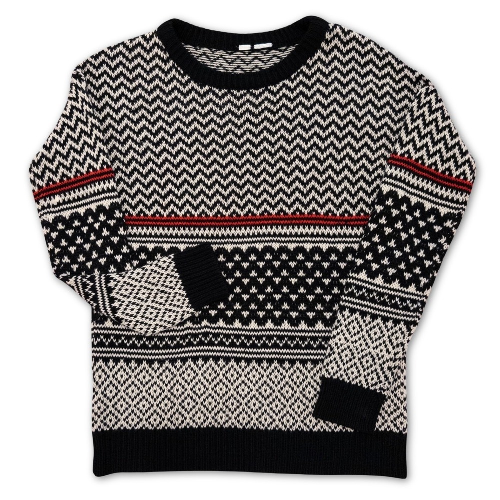 Fair Isle Sweater Womens Medium Black White Nordic Knit Pullover Winter Ski